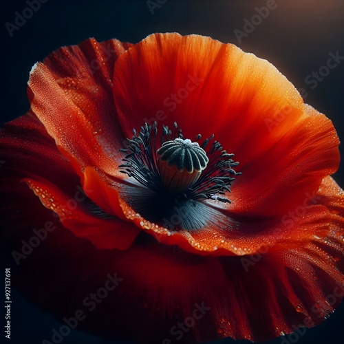 A vibrant red poppy flower blooming alongside developing buds illuminated by soft light photo