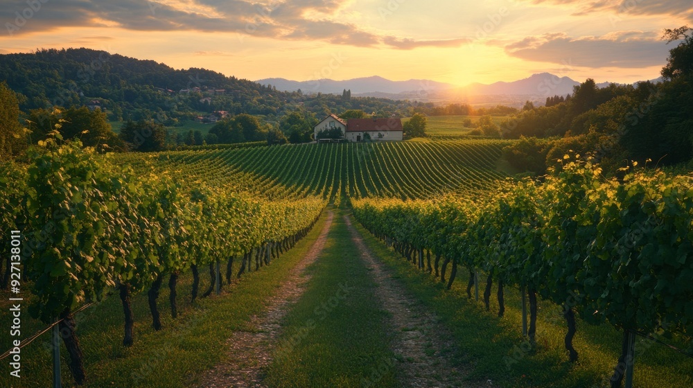 Naklejka premium Sunset Serenity: Golden Vines and Rustic Farmhouse in a Picturesque Vineyard