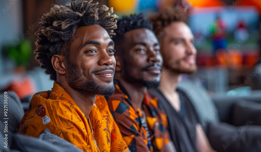 Three men are sitting on a couch, one of them wearing an orange shirt. They are smiling and seem to be enjoying themselves Three men are sitting on a couch, one of them wearing an orange shirt. They are smiling and seem to be enjoying themselves