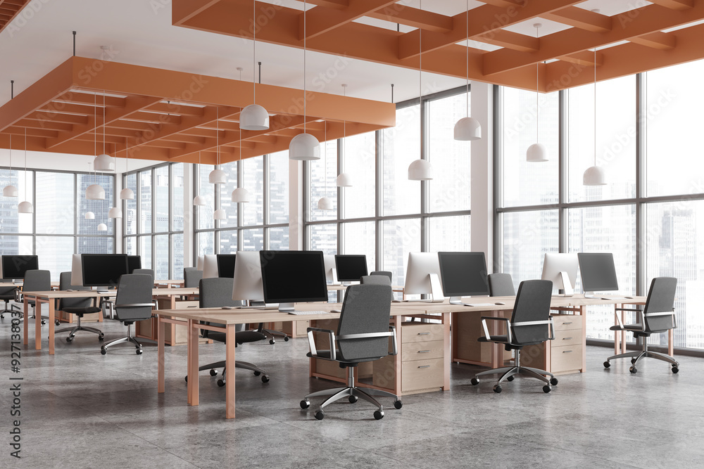 Modern open space office interior with large windows and empty desks. 3D Rendering Modern open space office interior with large windows and empty desks. 3D Rendering