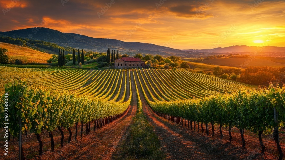 Fototapeta premium Golden Hour in the Vineyard: Sunset Hues Paint a Rustic Farmhouse Scene