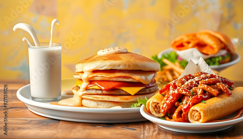 Collage. set with pancakes with milk and souse, burgers, hot dogs, Asian food like online order for breakfast against multicolored background. Concept of food, breakfast, catering, restaurant menu i photo