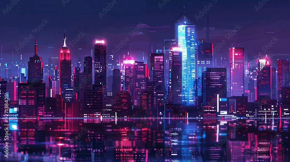 Fototapeta premium A futuristic cityscape at night, with tall buildings illuminated by vibrant neon lights in shades of pink and blue. The lights reflect in a body of water in the foreground, creating a dazzling display