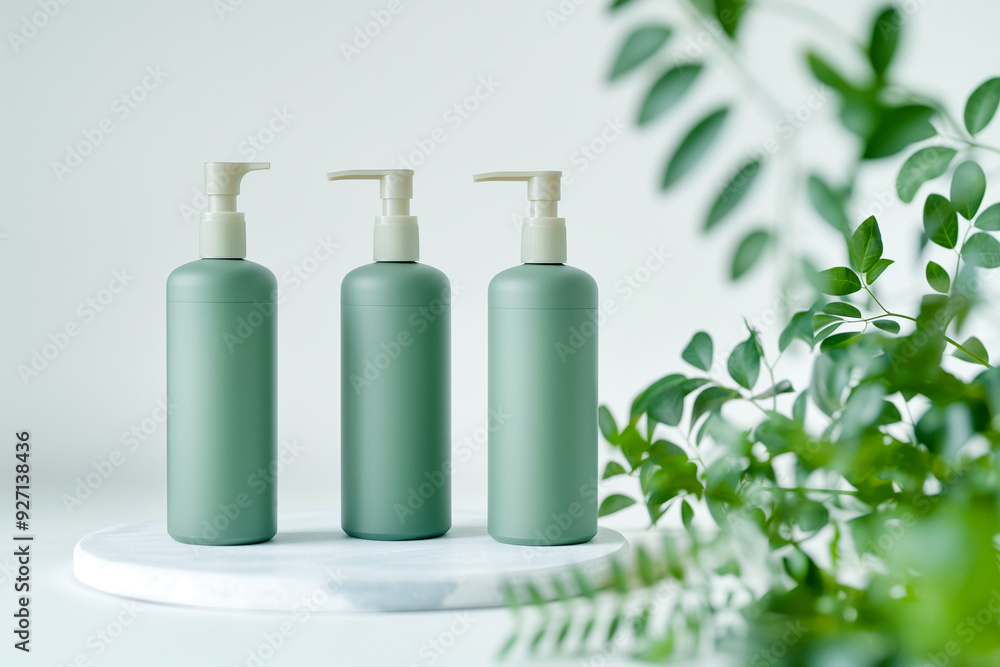 Three cosmetic plastic jars with green uvet pumps stand on a podium against a background of green leaves Three cosmetic plastic jars with green uvet pumps stand on a podium against a background of green leaves