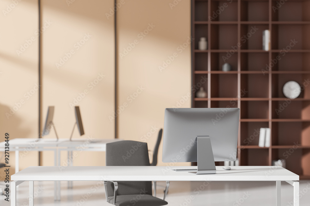 Coworking space in office room interior with furniture and shelf. Mockup Coworking space in office room interior with furniture and shelf. Mockup