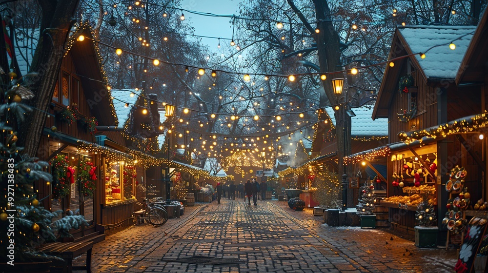 Fototapeta premium The Christmas market at Dome Square in Riga's old town, Latvia, features pavilions, stores, and festive xmas decorations, hot drinks, and food.