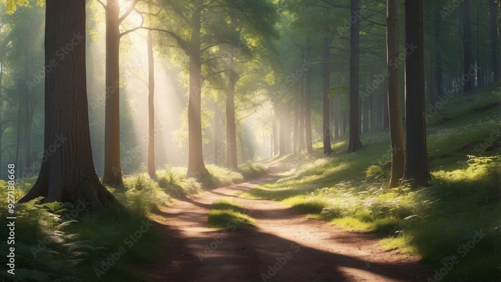 Obraz premium Forest path with sunlight filtering through trees, dappled light and shadows.