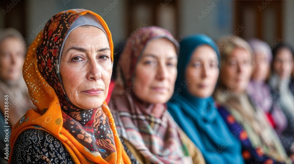 A close-up portrait of a woman wearing a headscarf, sitting in a group of other women A close-up portrait of a woman wearing a headscarf, sitting in a group of other women