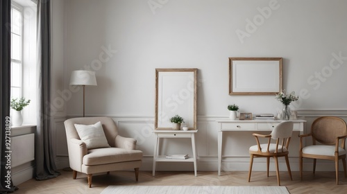 High resolution photo frame on the wall interior image template, empty art frame interior design ai generated designer pictures.
