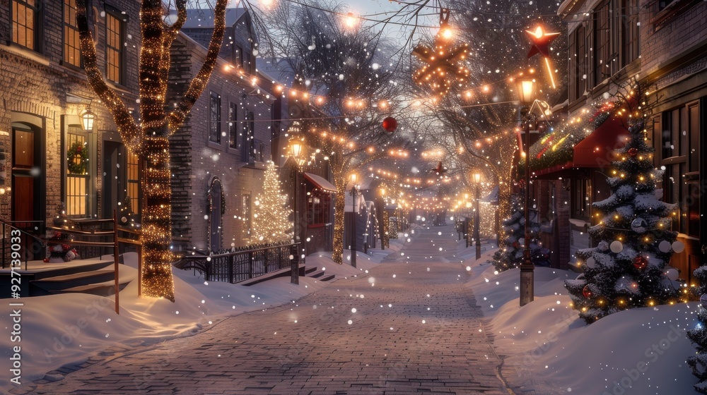 A picturesque street lined with snow-covered buildings is adorned with twinkling Christmas lights. The falling snow creates a magical atmosphere, with the glow of the lights reflecting on the pristine A picturesque street lined with snow-covered buildings is adorned with twinkling Christmas lights. The falling snow creates a magical atmosphere, with the glow of the lights reflecting on the pristine