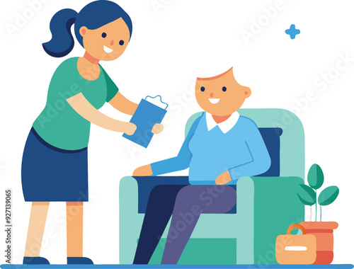 A woman gives a folder to an elderly woman in a chair.
