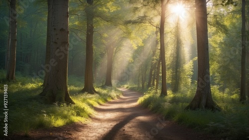 Forest path with sunlight filtering through trees, dappled light and shadows.