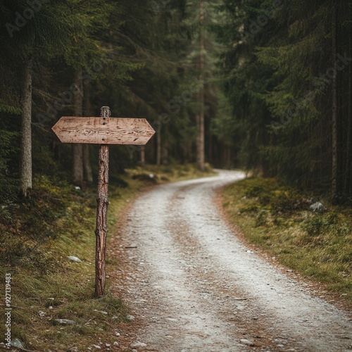 A wooden signpost points the way down a winding gravel path through a dense forest.