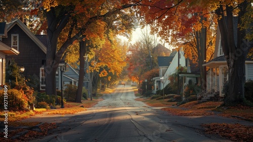 A quiet suburban street with houses on either side is bathed in the warm glow of the late afternoon sun. The leaves on the trees lining the street have turned a vibrant orange, yellow, and red, creati photo