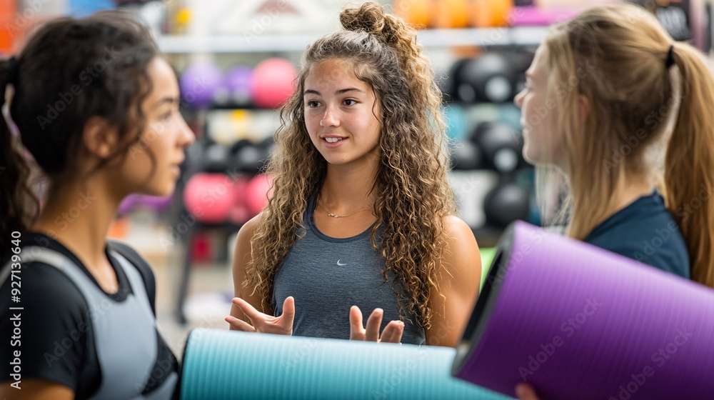 A group of women shopping for fitness equipment at a sports store They test out yoga mats and discuss the benefits of different workout tools Stock Photo with copy space A group of women shopping for fitness equipment at a sports store They test out yoga mats and discuss the benefits of different workout tools Stock Photo with copy space