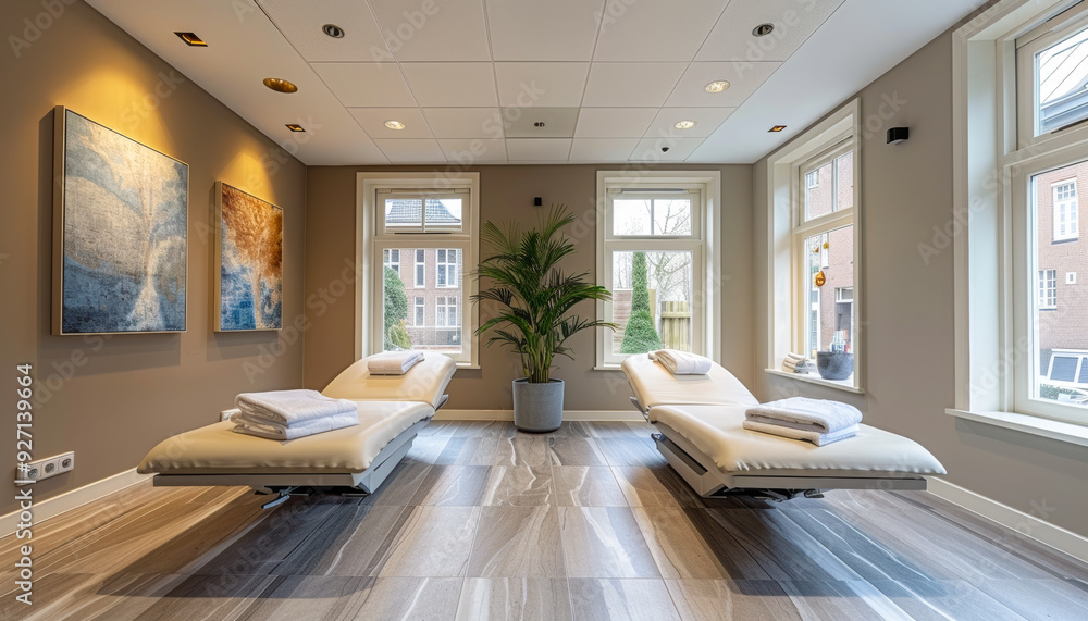 Fototapeta premium A spa room with two massage beds and a potted plant. The room is decorated with paintings and has a calming atmosphere