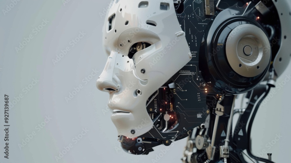 A close-up portrait of a futuristic robot head with exposed circuitry. The robot's face is white and smooth, with a metallic sheen. The circuitry is visible behind the face, revealing the intricate wo A close-up portrait of a futuristic robot head with exposed circuitry. The robot's face is white and smooth, with a metallic sheen. The circuitry is visible behind the face, revealing the intricate wo