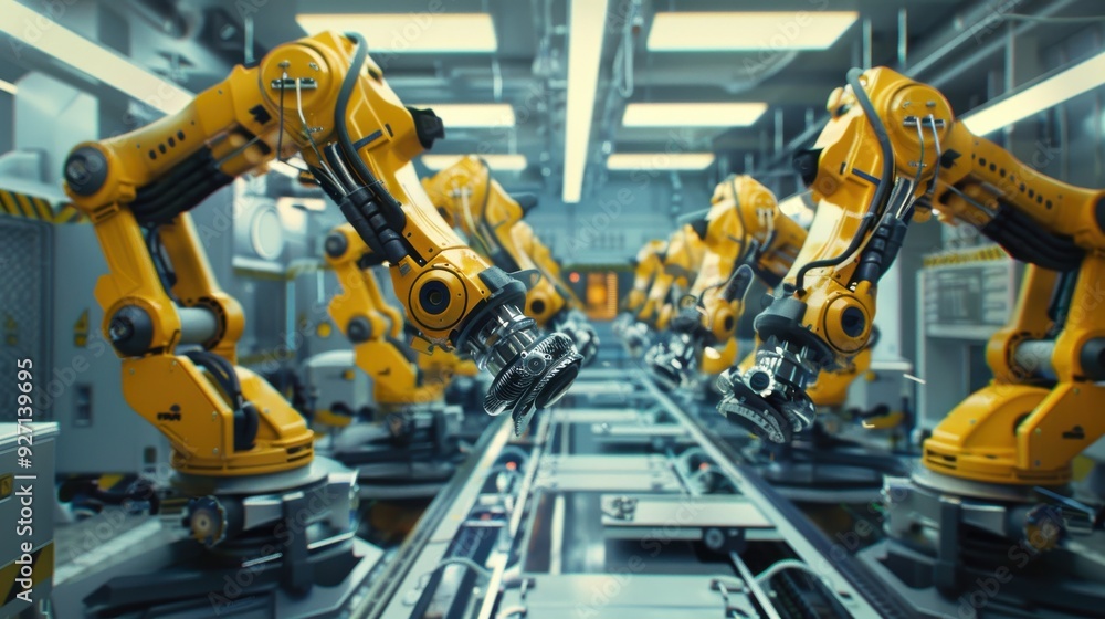 A row of yellow industrial robotic arms are working on an assembly line in a modern factory. The arms are moving in unison, working together to complete a task. The factory is clean and well-lit, and A row of yellow industrial robotic arms are working on an assembly line in a modern factory. The arms are moving in unison, working together to complete a task. The factory is clean and well-lit, and