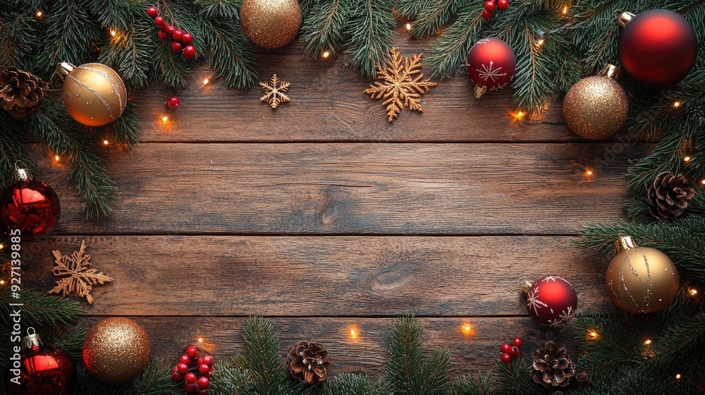 Festive Christmas Ornament and Pine Garland on Rustic Wooden Background Festive Christmas Ornament and Pine Garland on Rustic Wooden Background