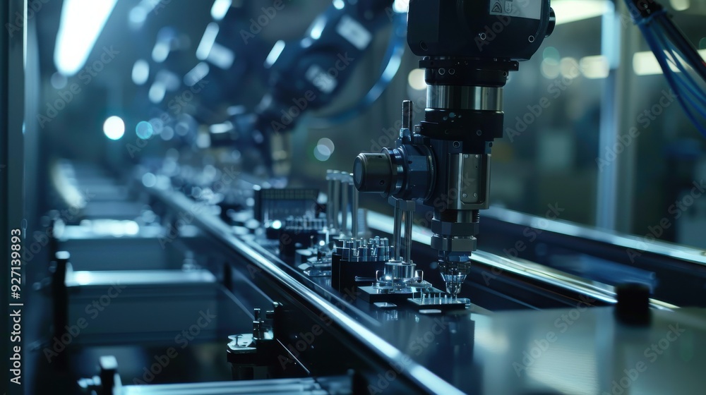 A robotic arm with multiple joints is working on an assembly line in a factory, precisely placing small components onto a circuit board. The arm is part of an automated production process, demonstrati A robotic arm with multiple joints is working on an assembly line in a factory, precisely placing small components onto a circuit board. The arm is part of an automated production process, demonstrati