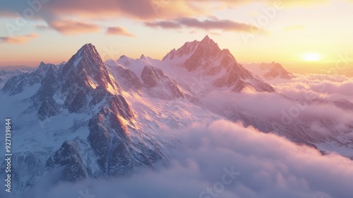 The sun rises over a majestic snow-covered mountain range, illuminating peaks and valleys with warm golden light