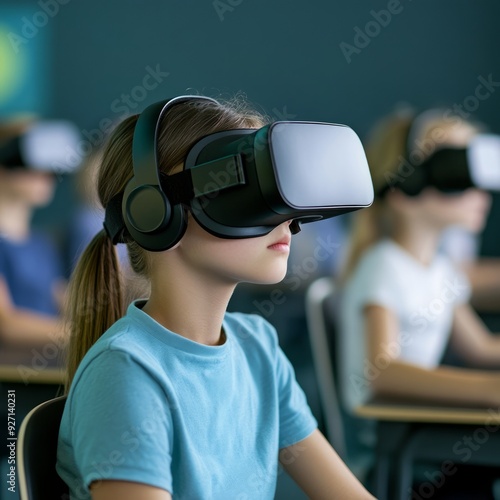 A young girl wearing virtual reality headset in a classroom setting.