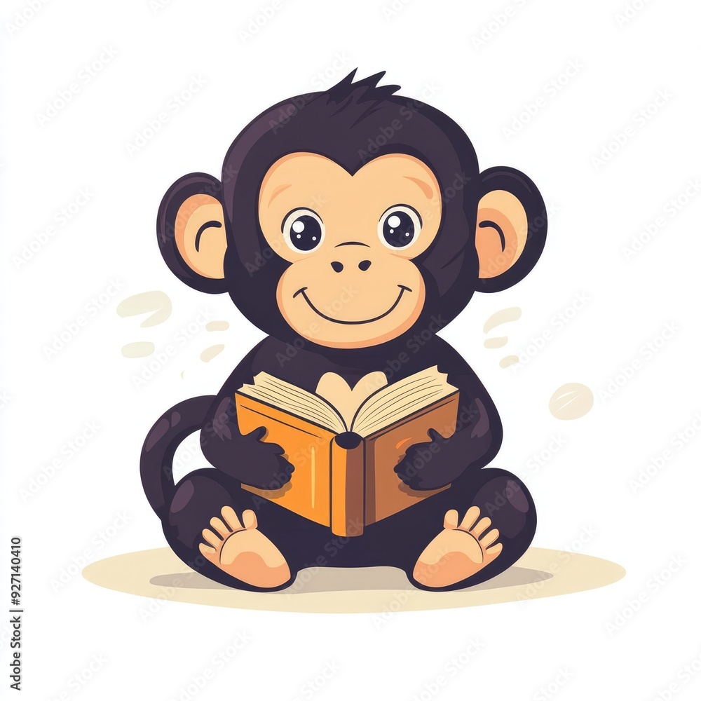 Cute Cartoon Monkey Reading a Book - Adorable Educational Illustration for Children Cute Cartoon Monkey Reading a Book - Adorable Educational Illustration for Children