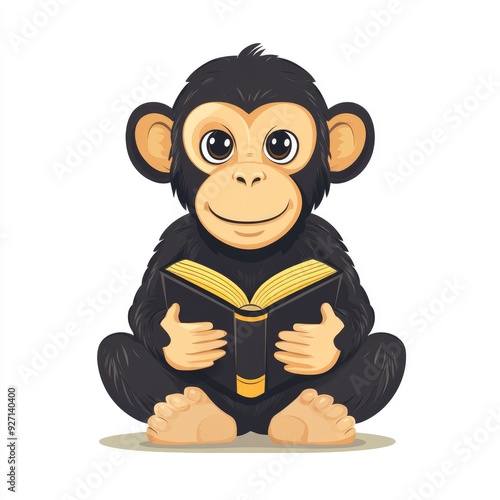 Adorable Cartoon Monkey Reading a Book on White Background - Illustration for Children's Education