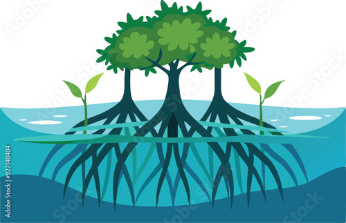 Mangrove trees display their roots in water, emphasized by young saplings growing beside them in a vibrant coastal setting.