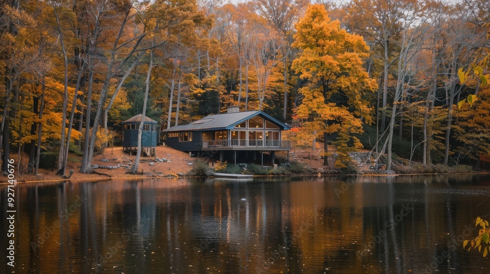 Fototapeta premium A modern cabin with a large window overlooking the lake sits on the edge of a wooded area. The trees are ablaze with fall colors, and the water is calm and reflective.
