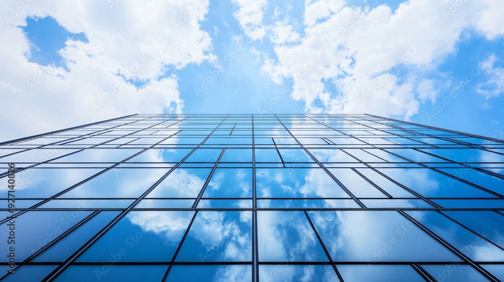 Looking up at the building, set against a clear blue sky, modernity and simplicity Looking up at the building, set against a clear blue sky, modernity and simplicity