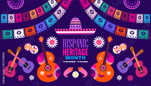 National hispanic heritage month banner with latin geometrical patterns, mexican flowers, guitar, bright colored decor