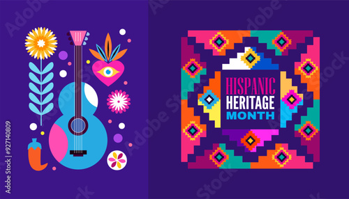 National hispanic heritage month banner with latin geometrical patterns, mexican flowers, guitar, bright colored decor