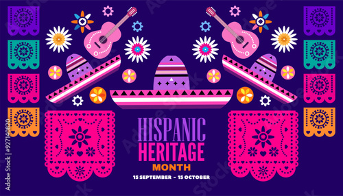 National hispanic heritage month banner with latin geometrical patterns, mexican flowers, guitar, bright colored decor