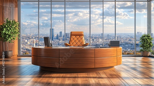 A well-organized executive office featuring a panoramic cityscape visible through expansive windows The minimalist decor and sleek furniture highlight a space dedicated to clear thinking and