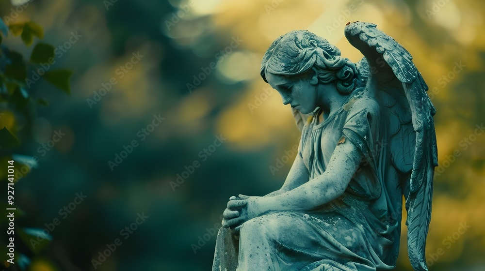 A bereaved angel statue on a lush panoramic background featuring copy space, funeral arrangements, melancholy, and a mourning banner A bereaved angel statue on a lush panoramic background featuring copy space, funeral arrangements, melancholy, and a mourning banner