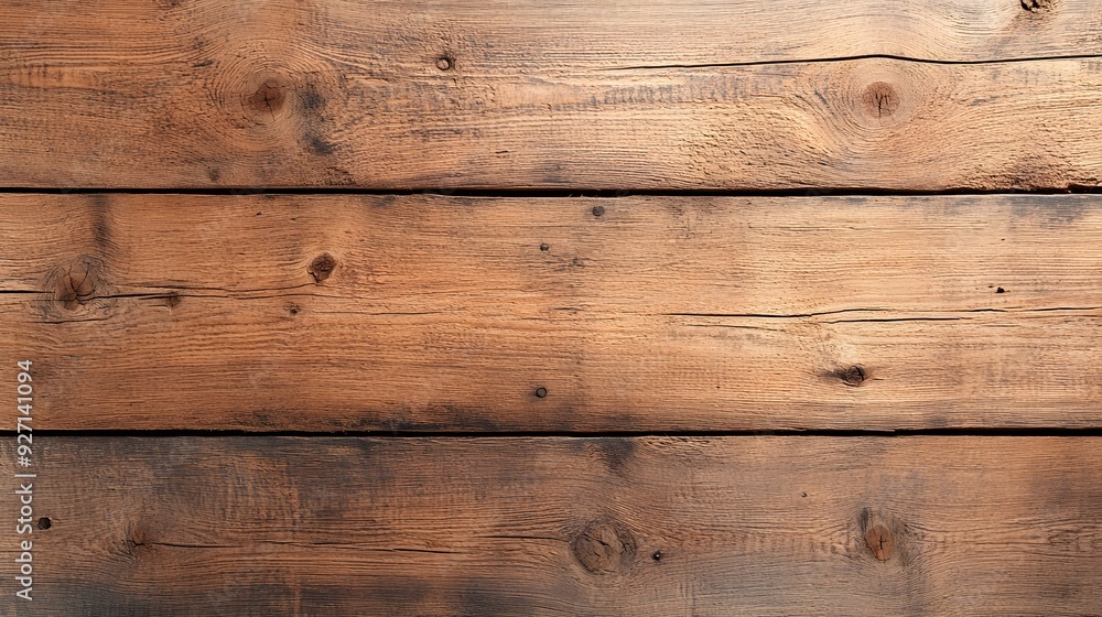 Obraz premium Rustic Wooden Texture: A close-up shot of weathered wood planks, showcasing the natural beauty of rustic charm. The warm brown tones and knotty grain patterns offer a timeless aesthetic. Perfect for a
