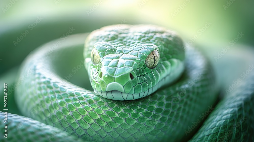 Green Tree Python Close-Up Coiled on a Branch in Tropical Forest Green Tree Python Close-Up Coiled on a Branch in Tropical Forest