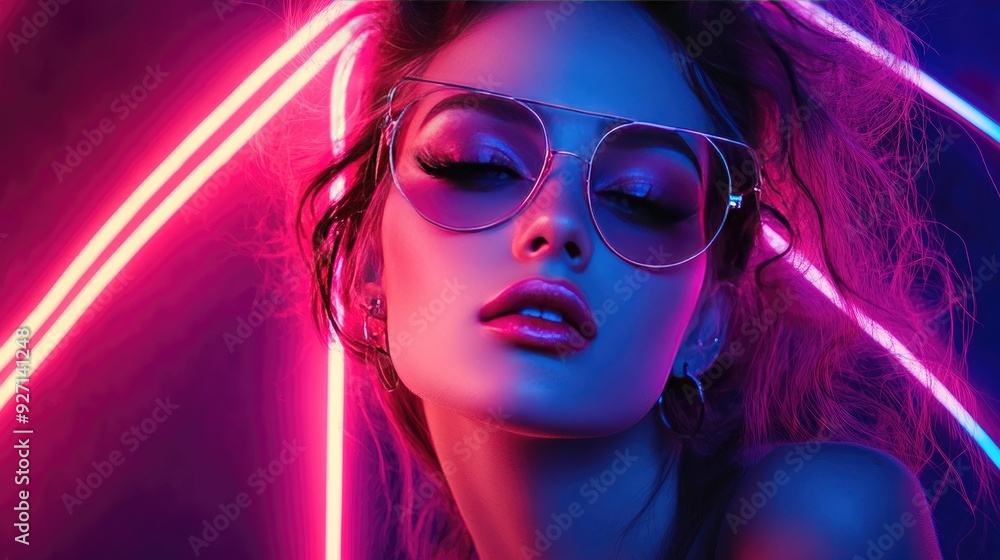 Neon Glamour Fashion Portrait with Sunglasses and Vibrant Lighting Effects in Studio Neon Glamour Fashion Portrait with Sunglasses and Vibrant Lighting Effects in Studio