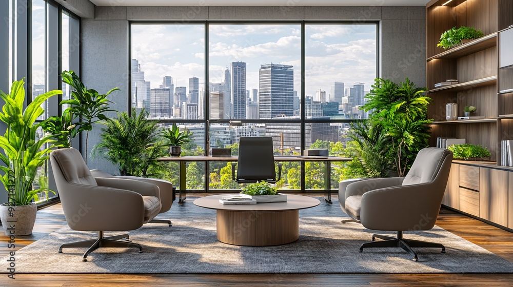 An executive office with large windows showcasing a stunning cityscape The minimalist design and open layout emphasize a workspace that is both serene and conducive to leadership Stock Photo with An executive office with large windows showcasing a stunning cityscape The minimalist design and open layout emphasize a workspace that is both serene and conducive to leadership Stock Photo with