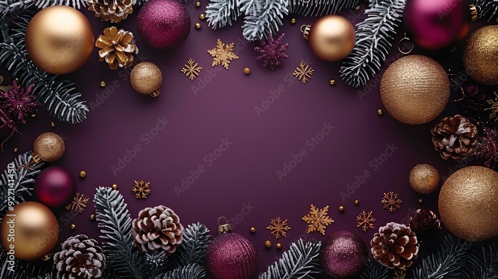 Gold Christmas decorations on a purple background create an elegant New Year poster design from a flat lay perspective. Gold Christmas decorations on a purple background create an elegant New Year poster design from a flat lay perspective.