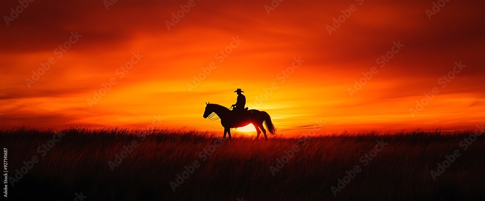 Silhouette of a cowboy on horseback riding into the sunset. Silhouette of a cowboy on horseback riding into the sunset.