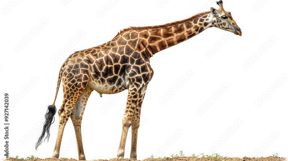 Obraz premium Giraffe reaching for leaves, isolated on white background, full-body shot, colored background, tall and graceful