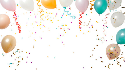 Creative party template. Colourful balloon, streamer, confetti on transparent background cutout, PNG file. Mockup template for artwork. Wallpaper banner

