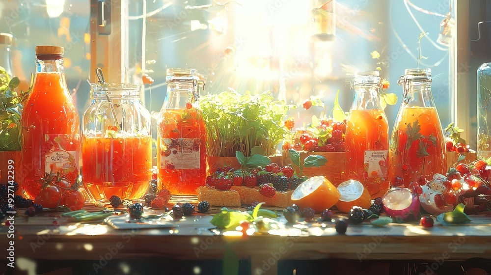 Fresh Vegetables and Berries Displayed on Wooden Surface with Juices, vibrant assortment of produce and beverages, inviting colors and textures, softly illuminated ambiance Fresh Vegetables and Berries Displayed on Wooden Surface with Juices, vibrant assortment of produce and beverages, inviting colors and textures, softly illuminated ambiance