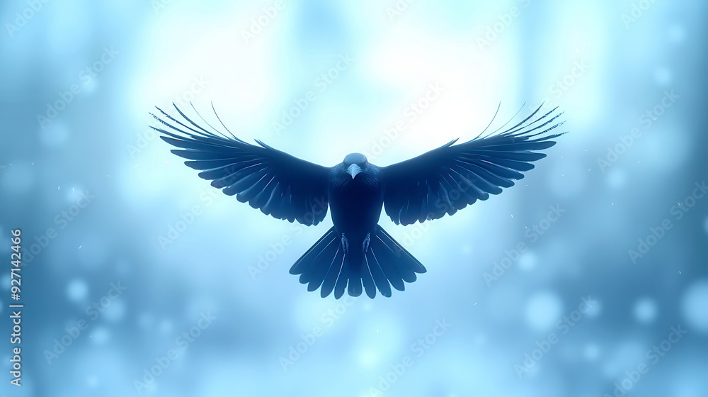 Obraz premium Majestic Crow in Flight, a stunning depiction of a crow soaring gracefully against a vibrant sky, wings fully extended, embodying freedom and elegance.