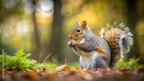 Squirrel foraging in a woodland setting, squirrel, woodland, nature, wildlife, outdoors, cute, fur, tail, tree, forest, acorn