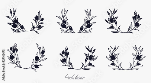 floral wreath olive Branch for olive oil logo or olive icon, hand drawn olive branch botanical herbs elements in vector format, floral olive frame