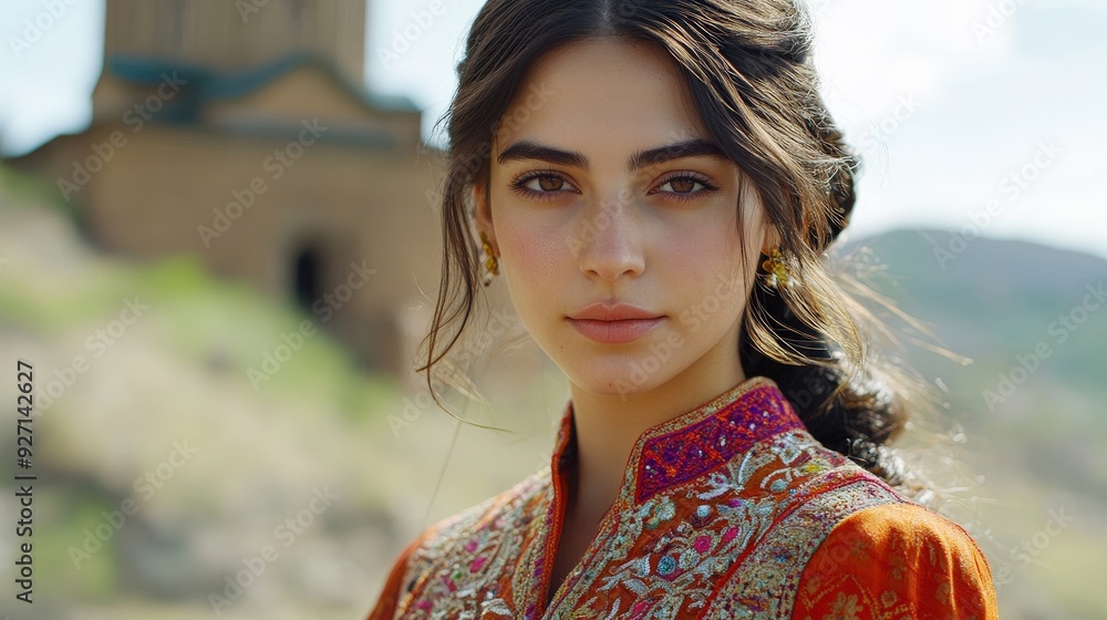 A young Armenian woman showcases her vibrant traditional attire, filled with intricate details, while standing amidst a picturesque background A young Armenian woman showcases her vibrant traditional attire, filled with intricate details, while standing amidst a picturesque background