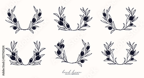 floral wreath olive Branch for olive oil logo or olive icon, hand drawn olive branch botanical herbs elements in vector format, floral olive frame
